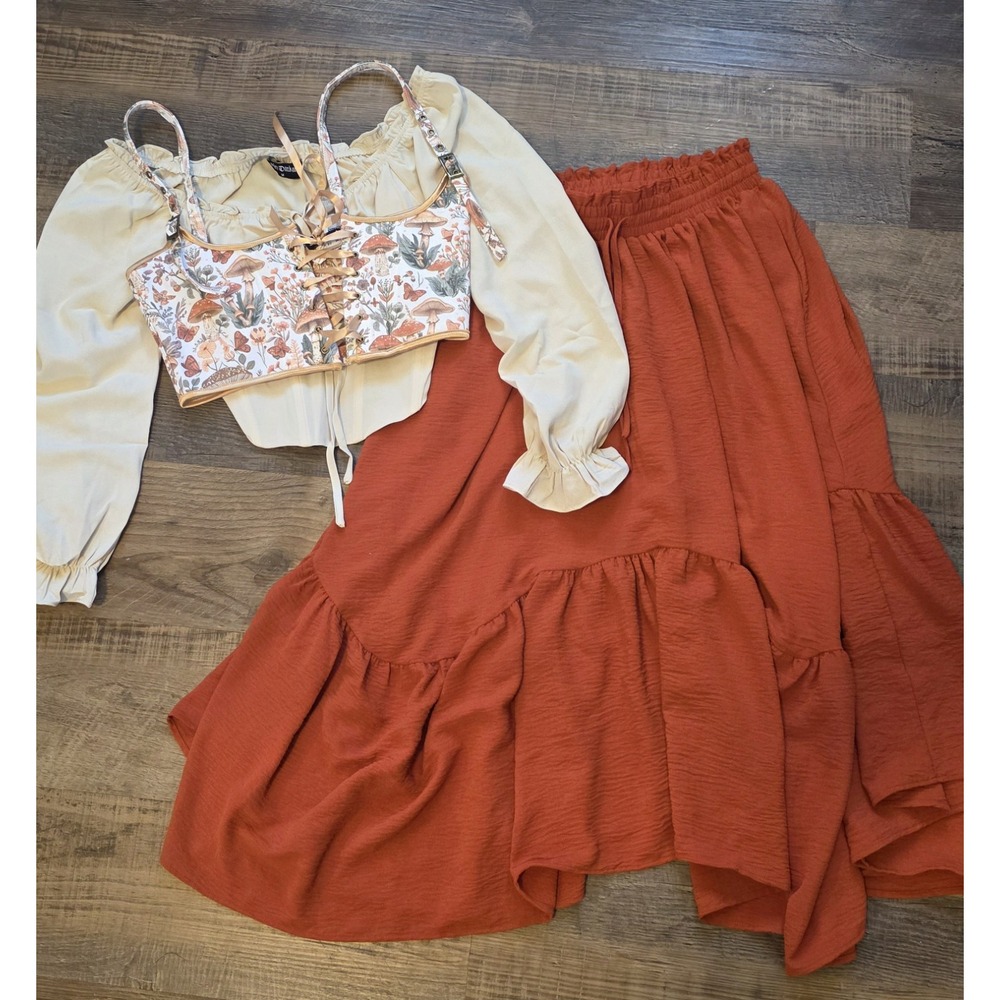 Scarlet Darkness Ren Faire Outfit M Mushroom Corset Peasant Top Maxi Skirt